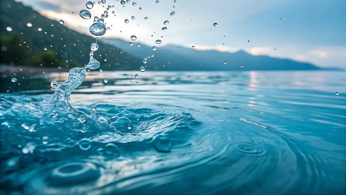 Spritzendes Wasser im See vor Bergen