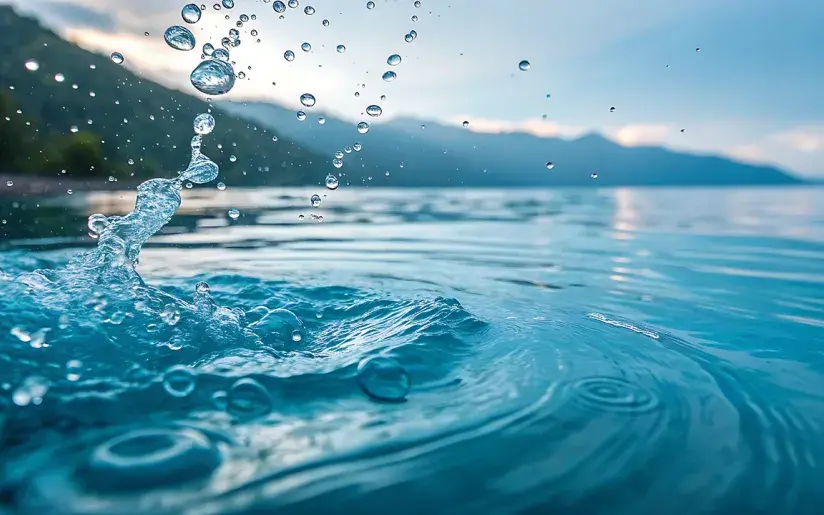 Spritzendes Wasser im See vor Bergen