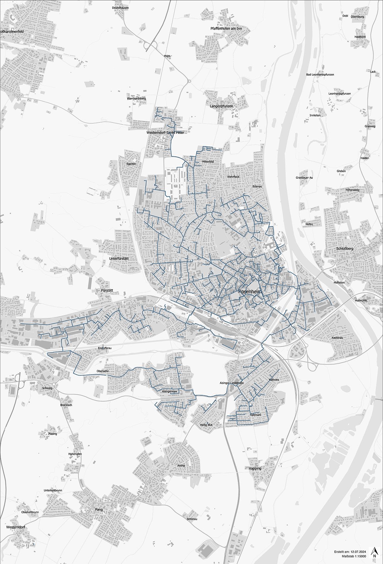Das Fernwärmenetz Rosenheim im Juli 2024