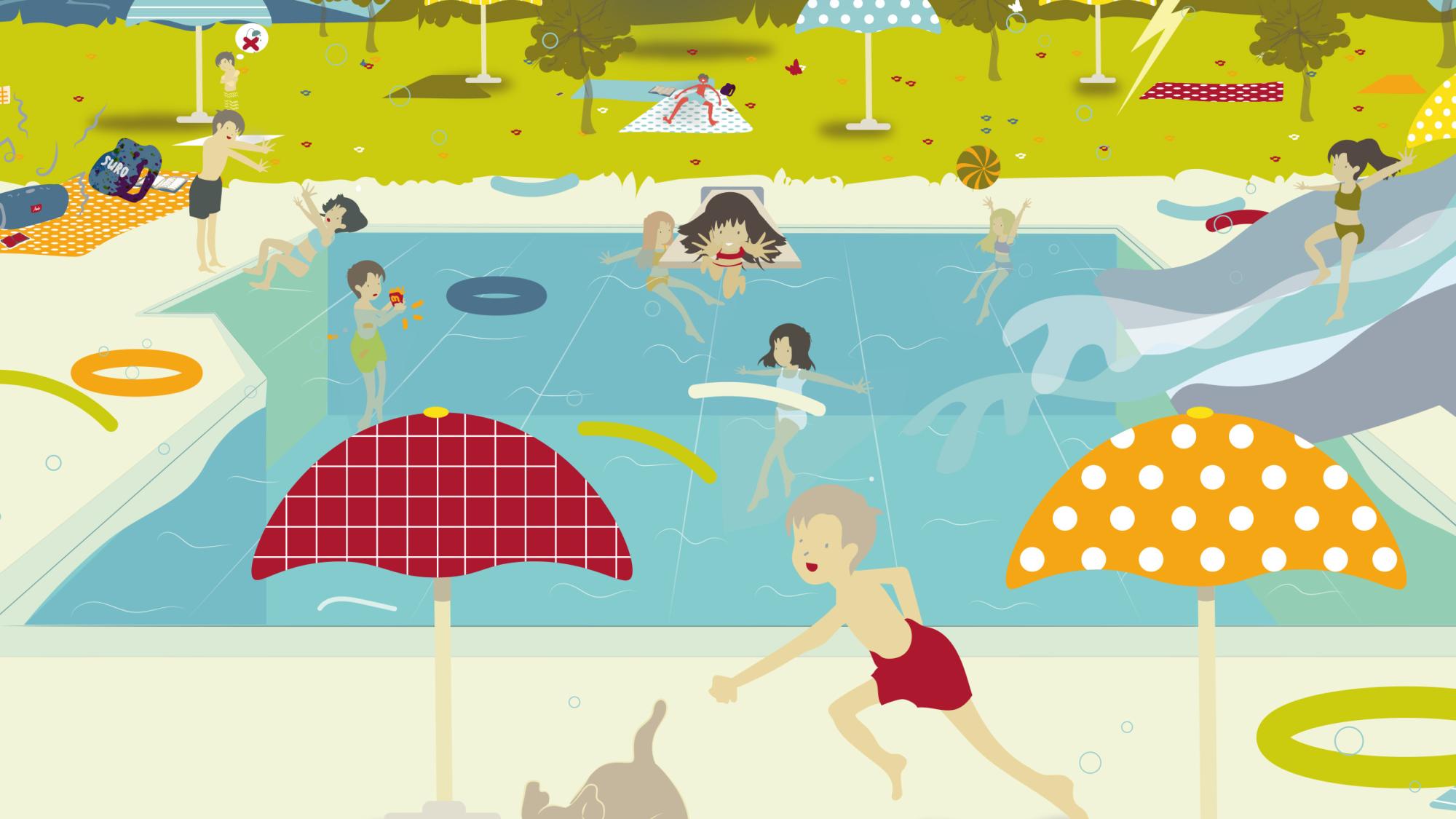 Schwimmbad-Wimmelbild aus dem Powerbladl der Kinderseite